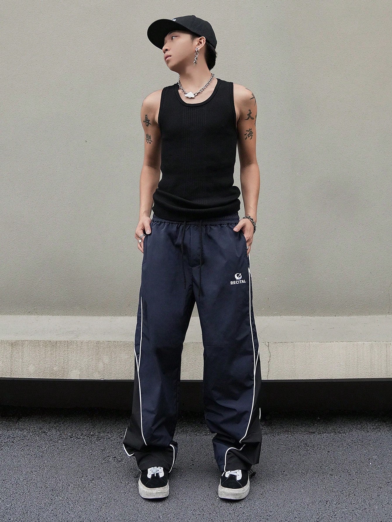 Manfinity Campus Court Men'S Casual Color Block Patchwork Drawstring Straight Pants, Going Out Long Colorblock Blue Straight Leg Sweatpants, for Fall