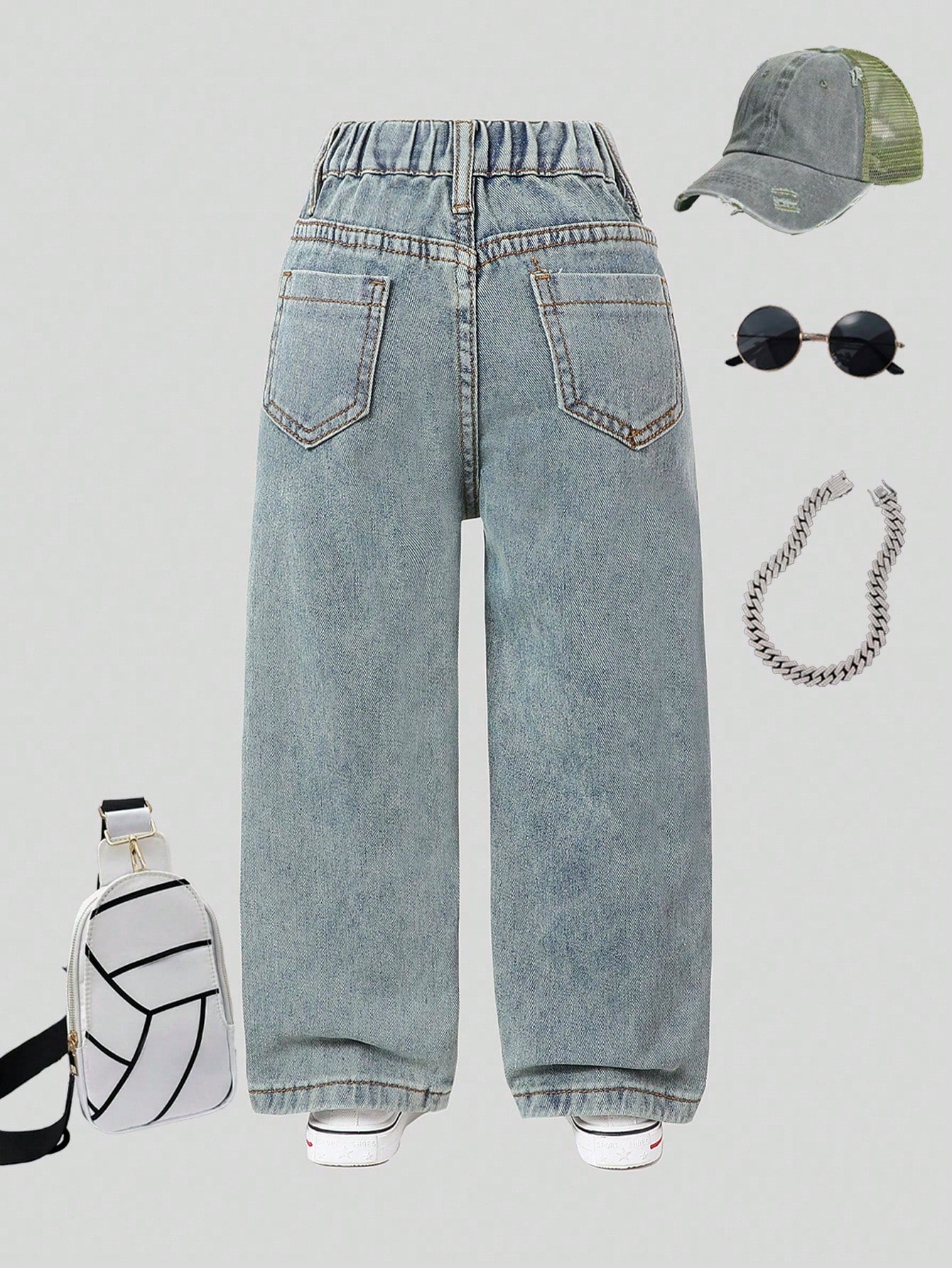 Young Girls Vintage Streetwear Ripped Distressed Multi-Pockets Washed Light Blue Straight Leg Denim Cargo Pants, School, Campus, College