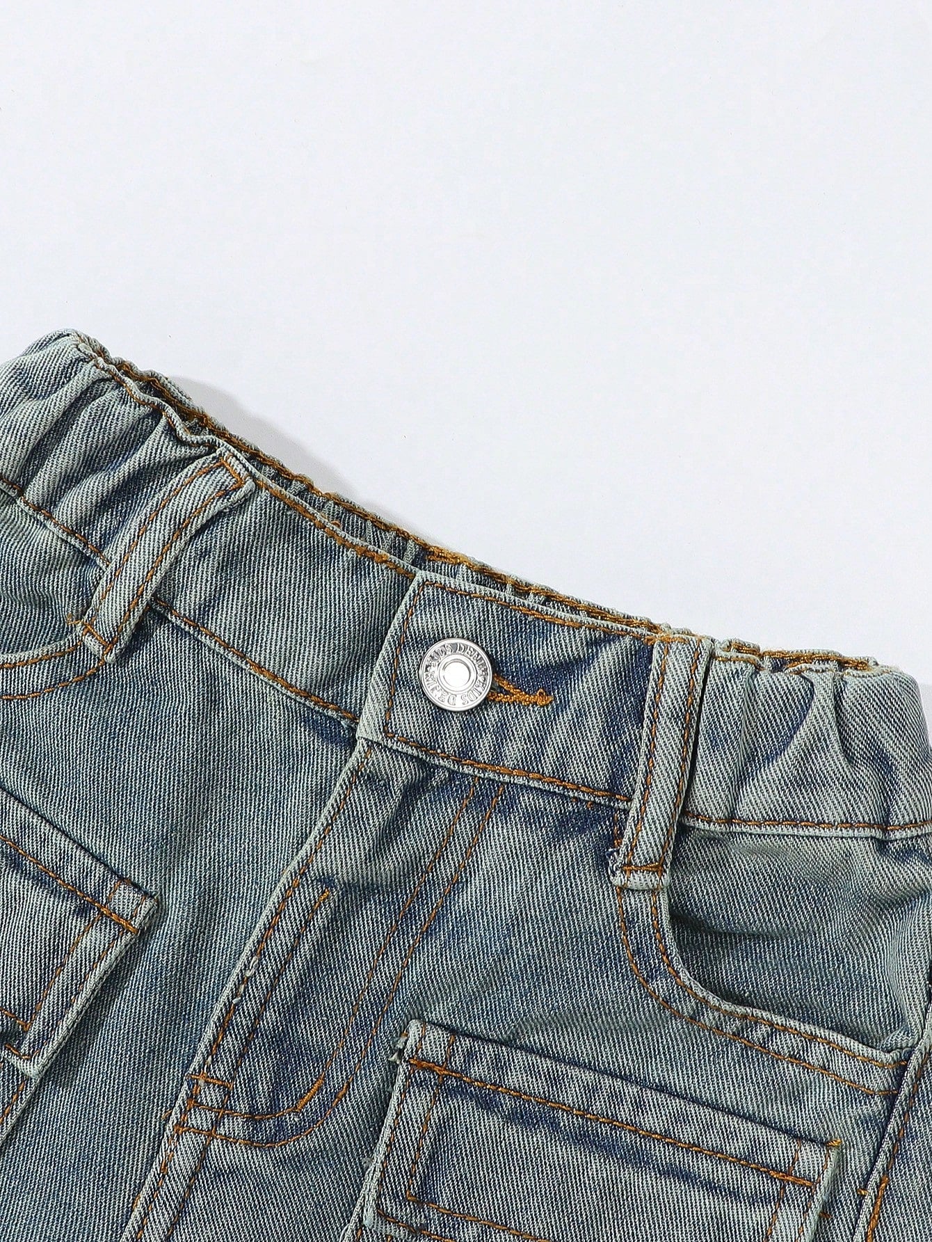 Young Girls Vintage Streetwear Ripped Distressed Multi-Pockets Washed Light Blue Straight Leg Denim Cargo Pants, School, Campus, College