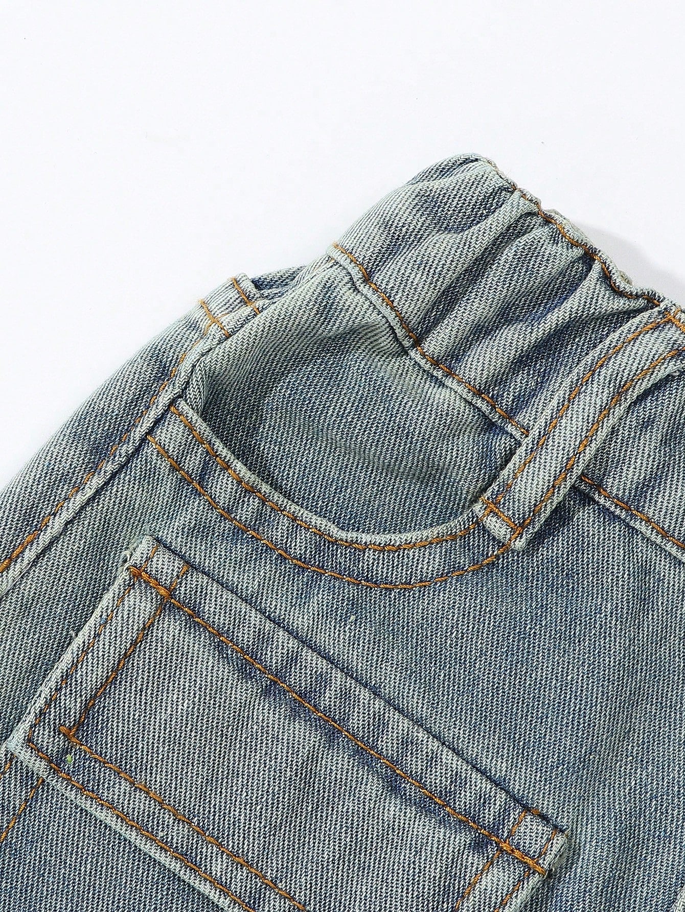 Young Girls Vintage Streetwear Ripped Distressed Multi-Pockets Washed Light Blue Straight Leg Denim Cargo Pants, School, Campus, College