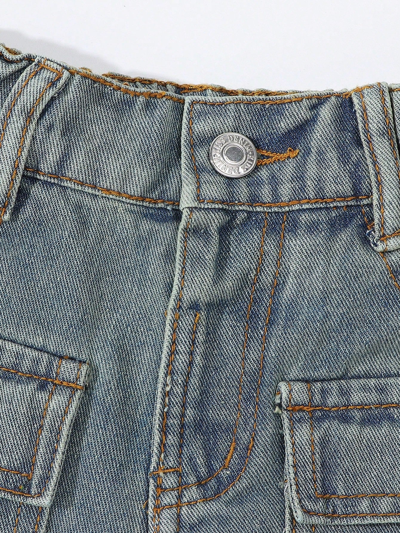 Young Girls Vintage Streetwear Ripped Distressed Multi-Pockets Washed Light Blue Straight Leg Denim Cargo Pants, School, Campus, College