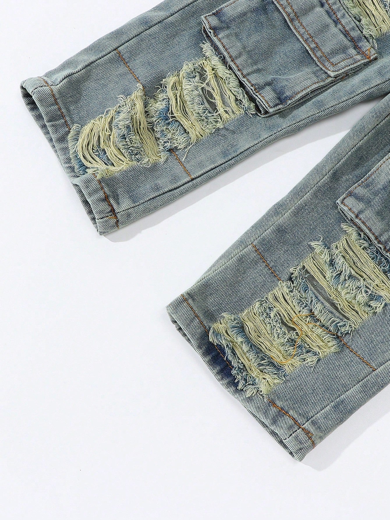 Young Girls Vintage Streetwear Ripped Distressed Multi-Pockets Washed Light Blue Straight Leg Denim Cargo Pants, School, Campus, College