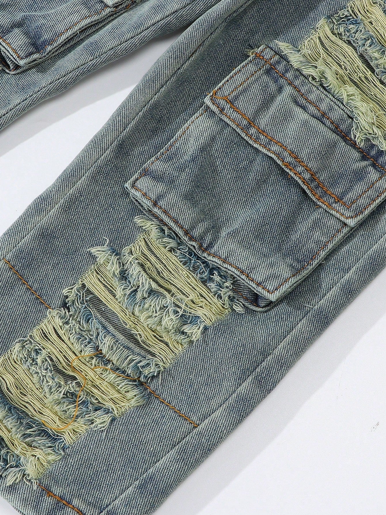 Young Girls Vintage Streetwear Ripped Distressed Multi-Pockets Washed Light Blue Straight Leg Denim Cargo Pants, School, Campus, College