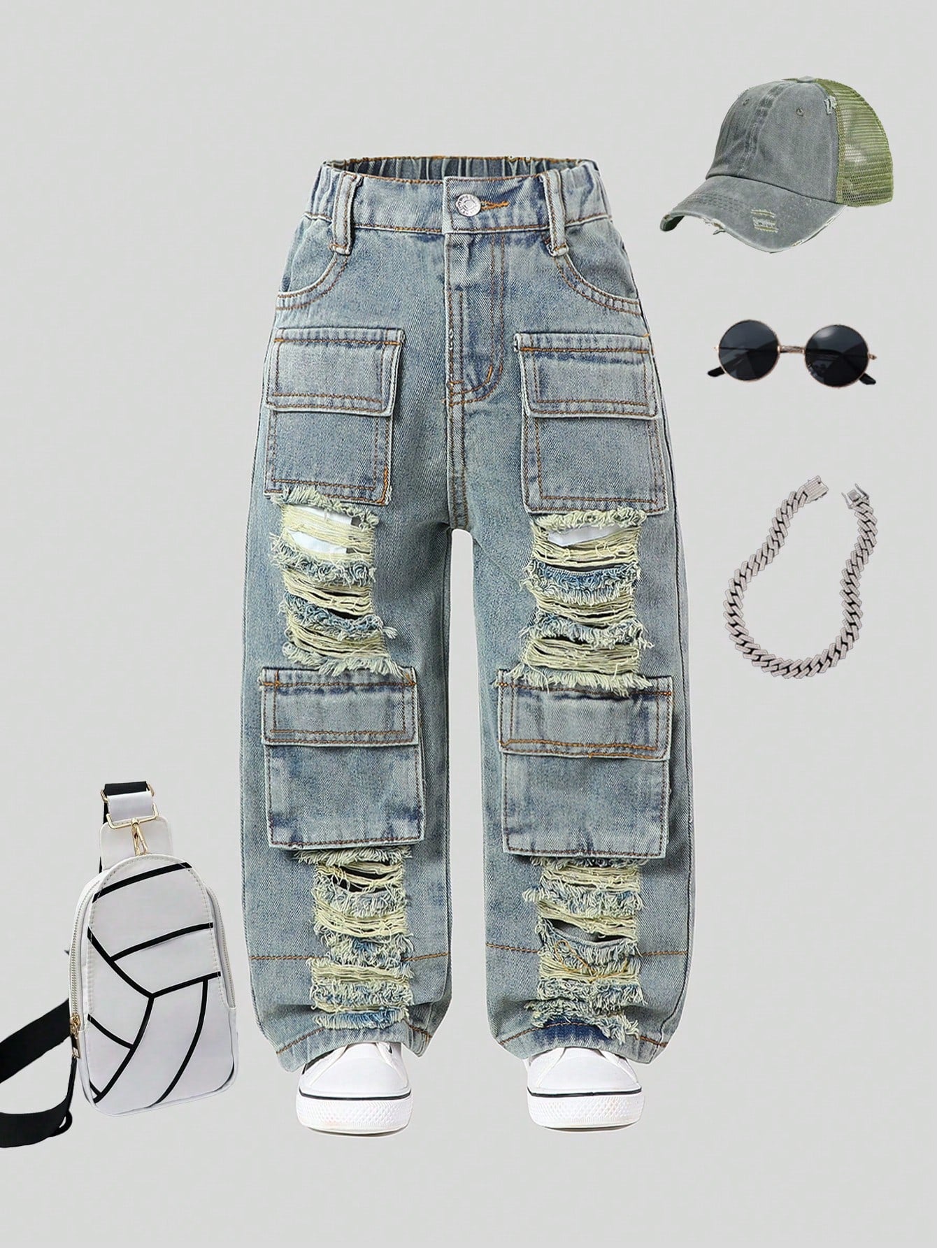 Young Girls Vintage Streetwear Ripped Distressed Multi-Pockets Washed Light Blue Straight Leg Denim Cargo Pants, School, Campus, College