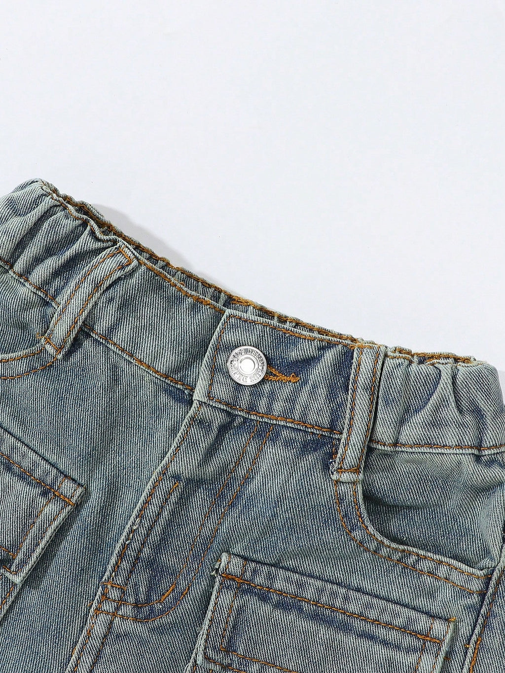 Young Girls Vintage Streetwear Ripped Distressed Multi-Pockets Washed Light Blue Straight Leg Denim Cargo Pants, School, Campus, College