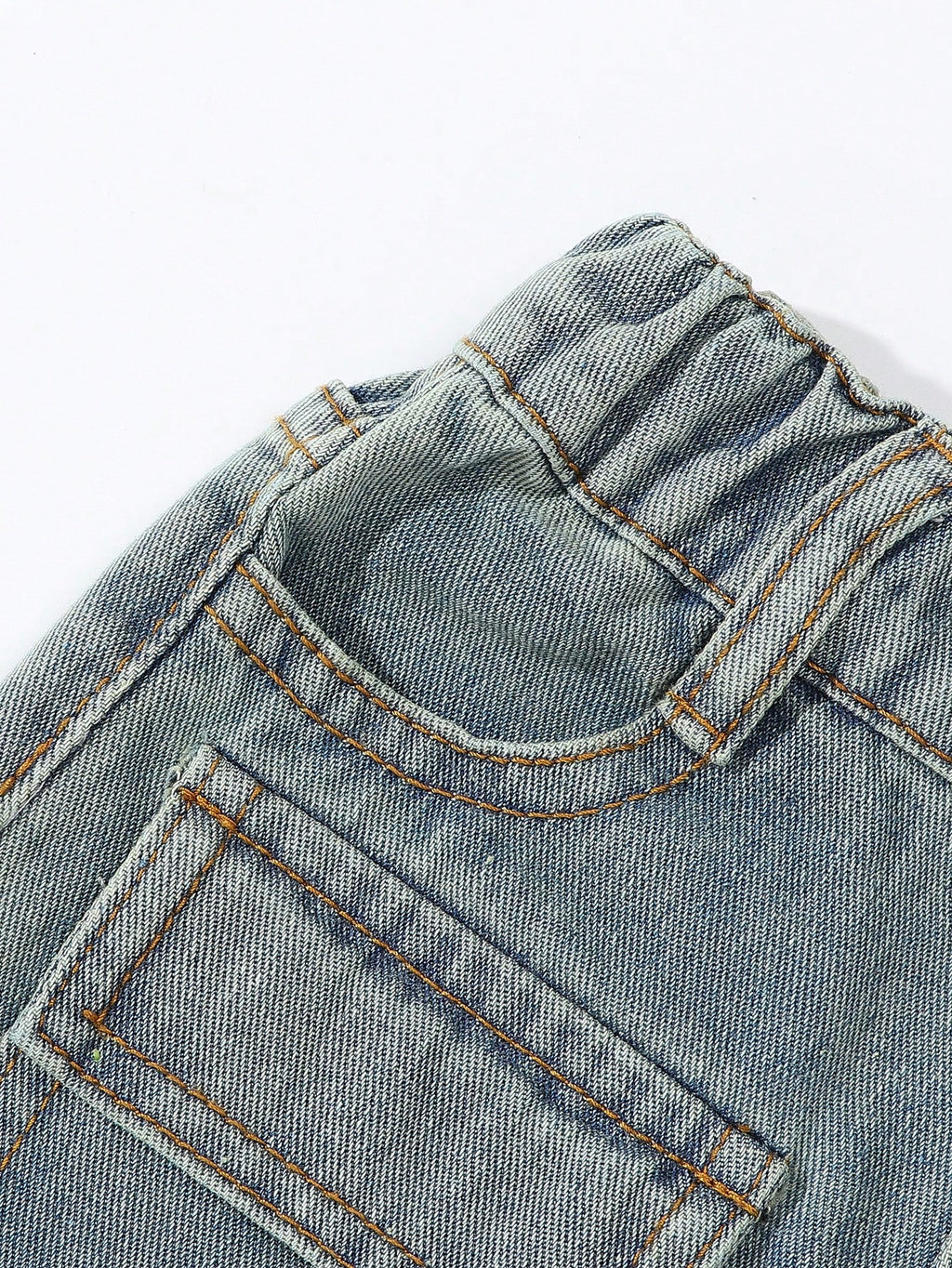 Young Girls Vintage Streetwear Ripped Distressed Multi-Pockets Washed Light Blue Straight Leg Denim Cargo Pants, School, Campus, College
