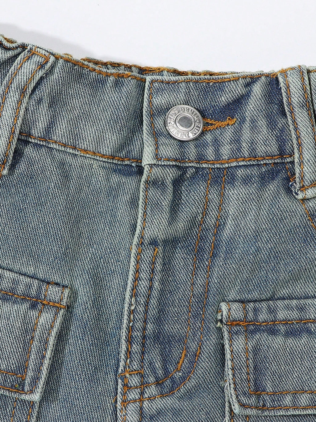 Young Girls Vintage Streetwear Ripped Distressed Multi-Pockets Washed Light Blue Straight Leg Denim Cargo Pants, School, Campus, College