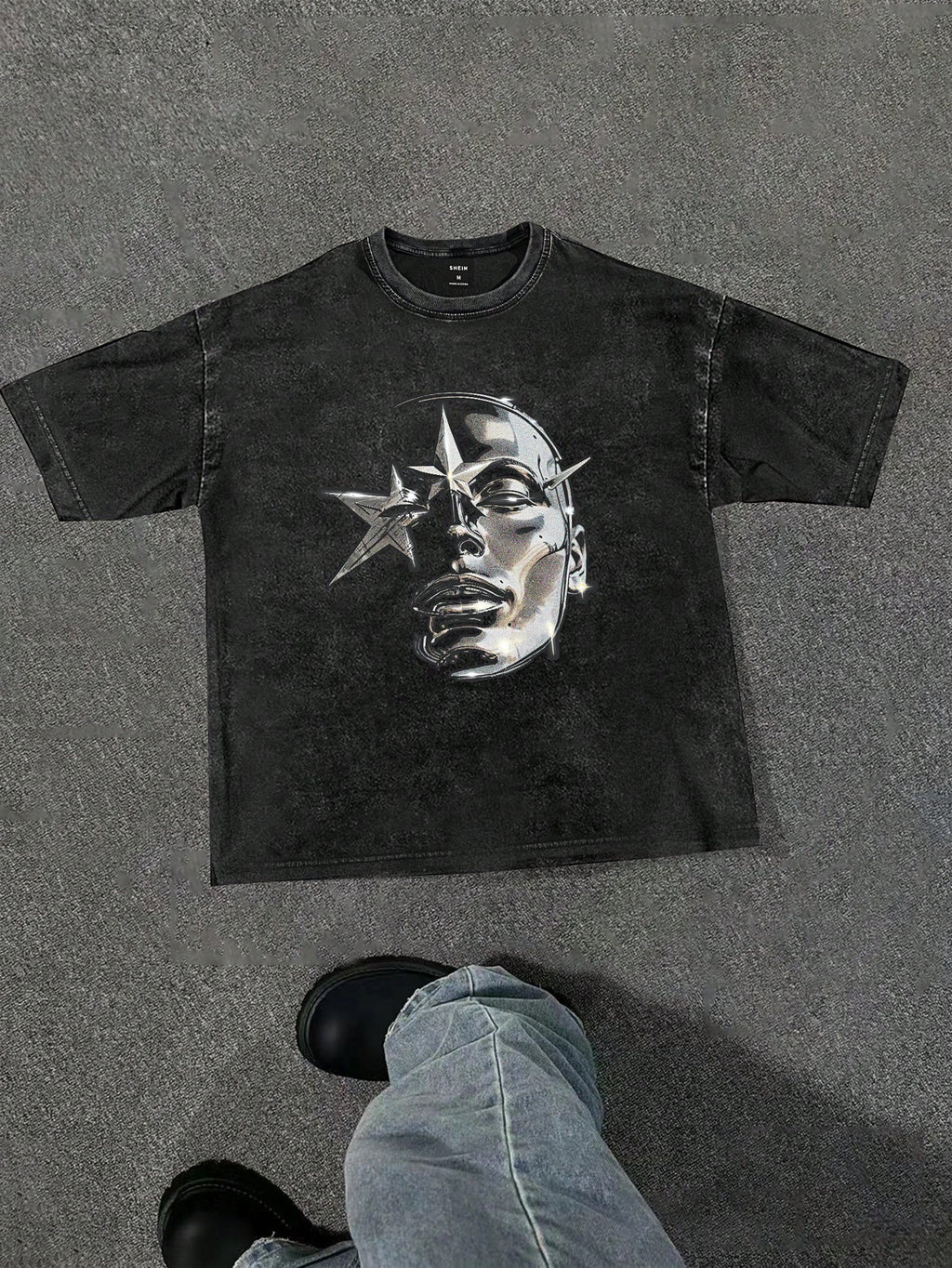 Manfinity EMRG Men Summer Casual Short Sleeve T-Shirt with Star and Character Graphic Print, round Neck, for Going Out