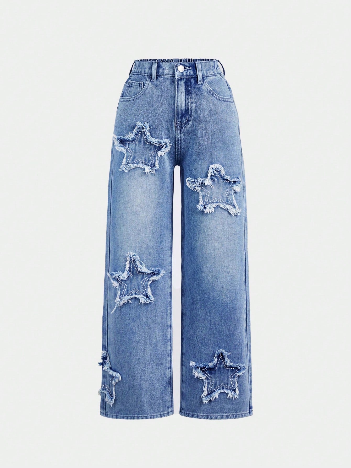 Girlism Tween Girl Y2K Spring and Summer Boho Star Patched Faded Frayed Boyfriend Baggy Straight Leg Denim Jeans, Kid'S Clothing Outfits