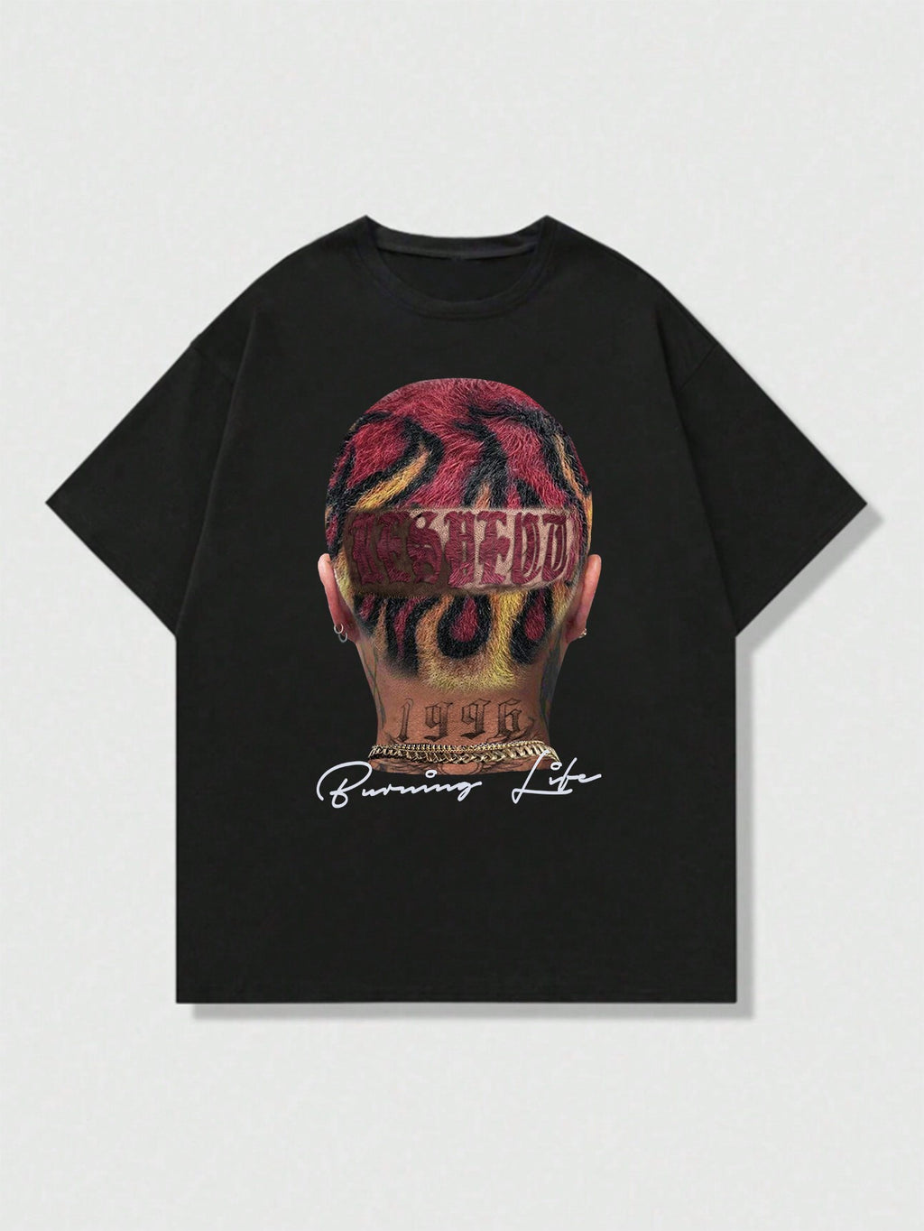 Manfinity Roghcode Men Summer Short Sleeve Casual Streetwear Creative Character and Letter Print T-Shirt, Hip-Hop Street Style Oversized Letter and Portrait Print T-Shirt, for Going Out