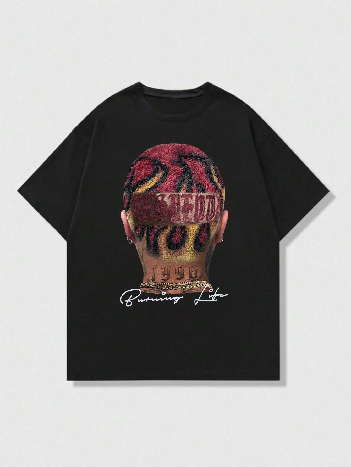 Manfinity Roghcode Men Summer Short Sleeve Casual Streetwear Creative Character and Letter Print T-Shirt, Hip-Hop Street Style Oversized Letter and Portrait Print T-Shirt, for Going Out