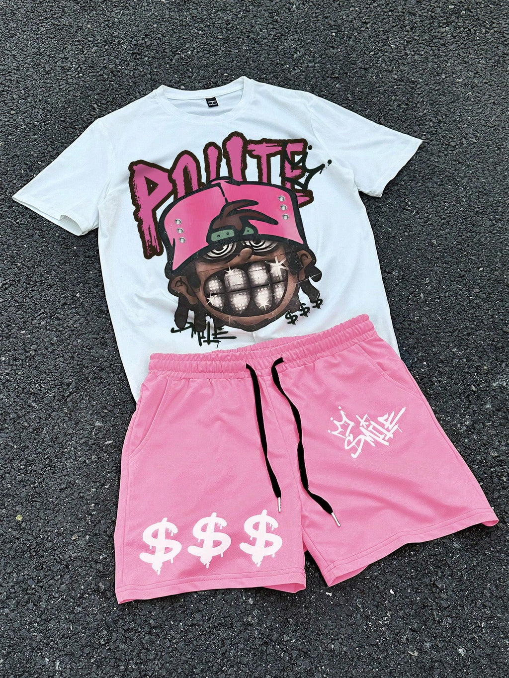 Manfinity EMRG Men Hip-Hop Character Portrait Print Drawstring Waist T-Shirt and Shorts Set, Men Pink Short Set, Men'S Two Pieces Hip Hop Shorts Set, Men 2 Pieces Outfits Pink