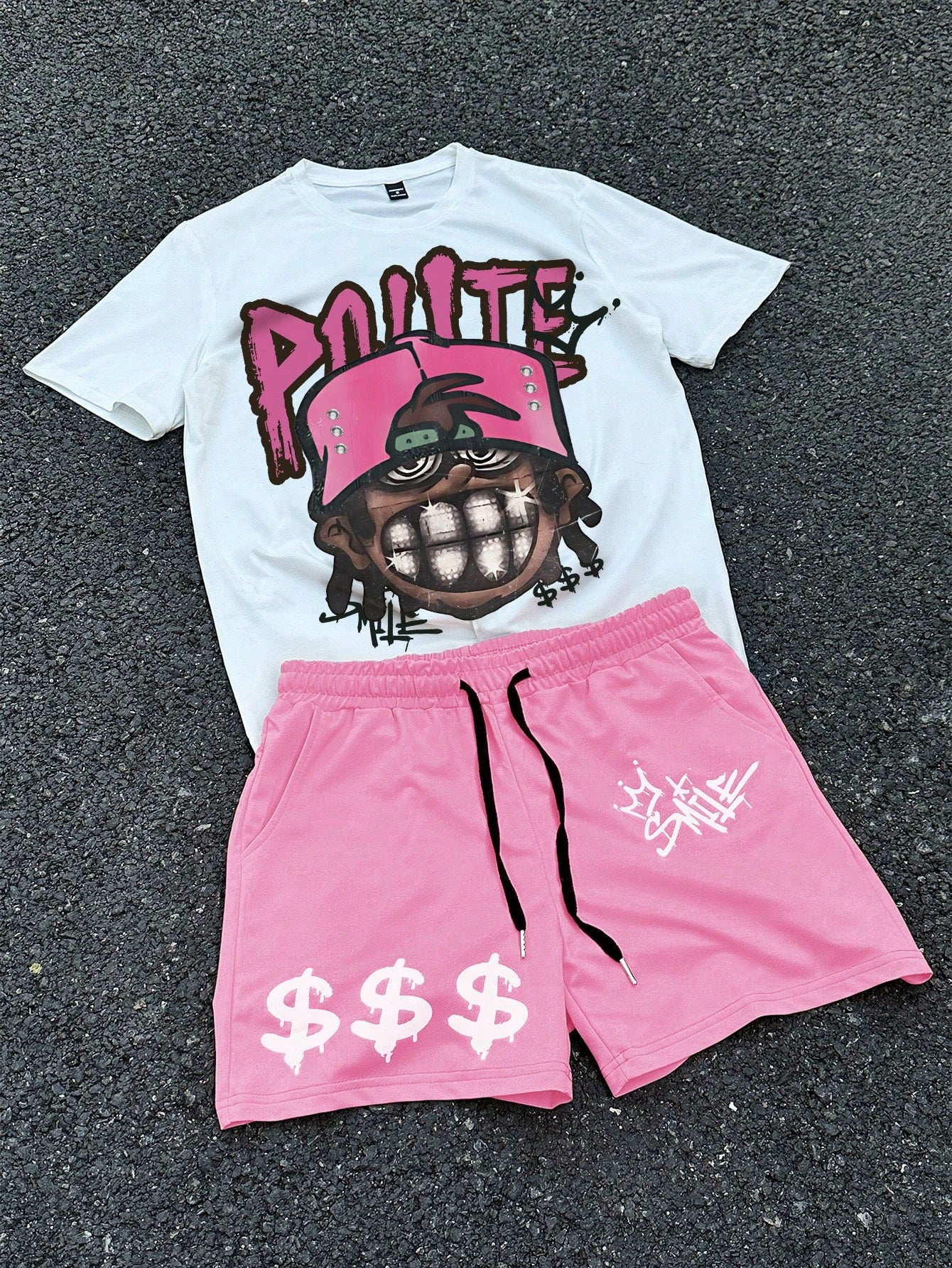 Manfinity EMRG Men Hip-Hop Character Portrait Print Drawstring Waist T-Shirt and Shorts Set, Men Pink Short Set, Men'S Two Pieces Hip Hop Shorts Set, Men 2 Pieces Outfits Pink