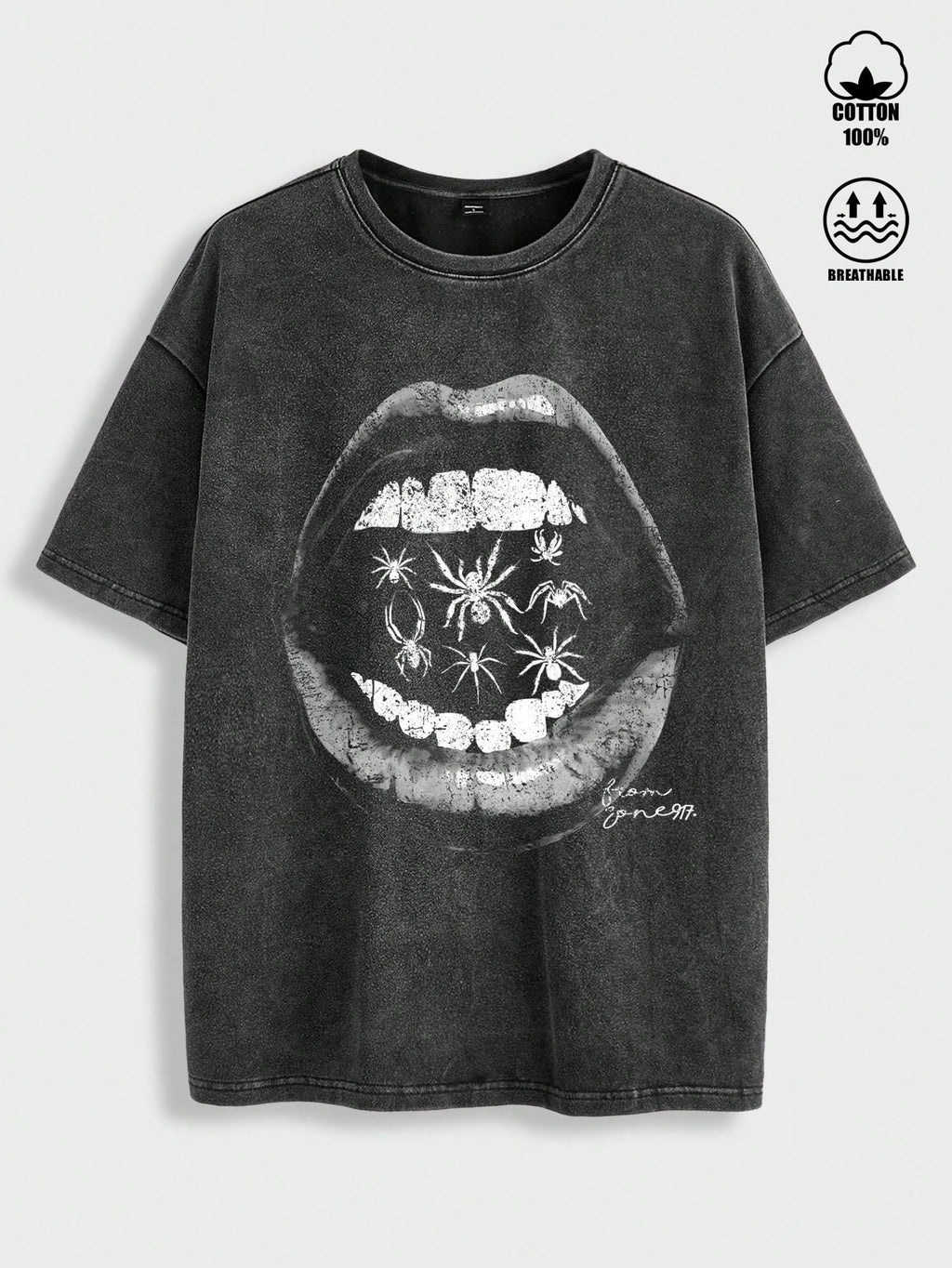 Manfinity ZONE917 Men Loose-Fitting Street-Style Vintage Dark Gothic Black and White Lips Spider Creative Graphic Pattern Black Loose Drop-Shoulder Knitted Distressed Short Sleeve T-Shirt, for Going Out