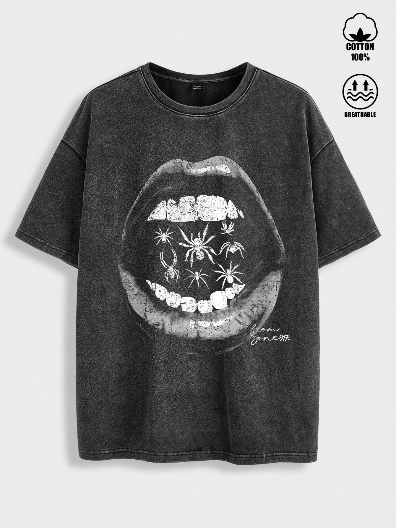 Manfinity ZONE917 Men Loose-Fitting Street-Style Vintage Dark Gothic Black and White Lips Spider Creative Graphic Pattern Black Loose Drop-Shoulder Knitted Distressed Short Sleeve T-Shirt, for Going Out