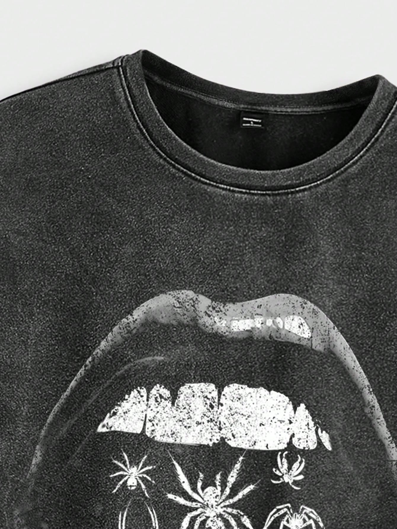 Manfinity ZONE917 Men Loose-Fitting Street-Style Vintage Dark Gothic Black and White Lips Spider Creative Graphic Pattern Black Loose Drop-Shoulder Knitted Distressed Short Sleeve T-Shirt, for Going Out
