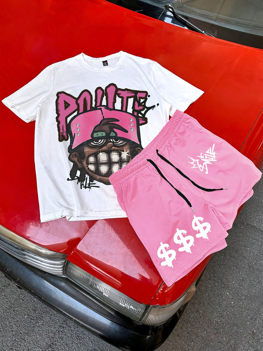 Manfinity EMRG Men Hip-Hop Character Portrait Print Drawstring Waist T-Shirt and Shorts Set, Men Pink Short Set, Men'S Two Pieces Hip Hop Shorts Set, Men 2 Pieces Outfits Pink