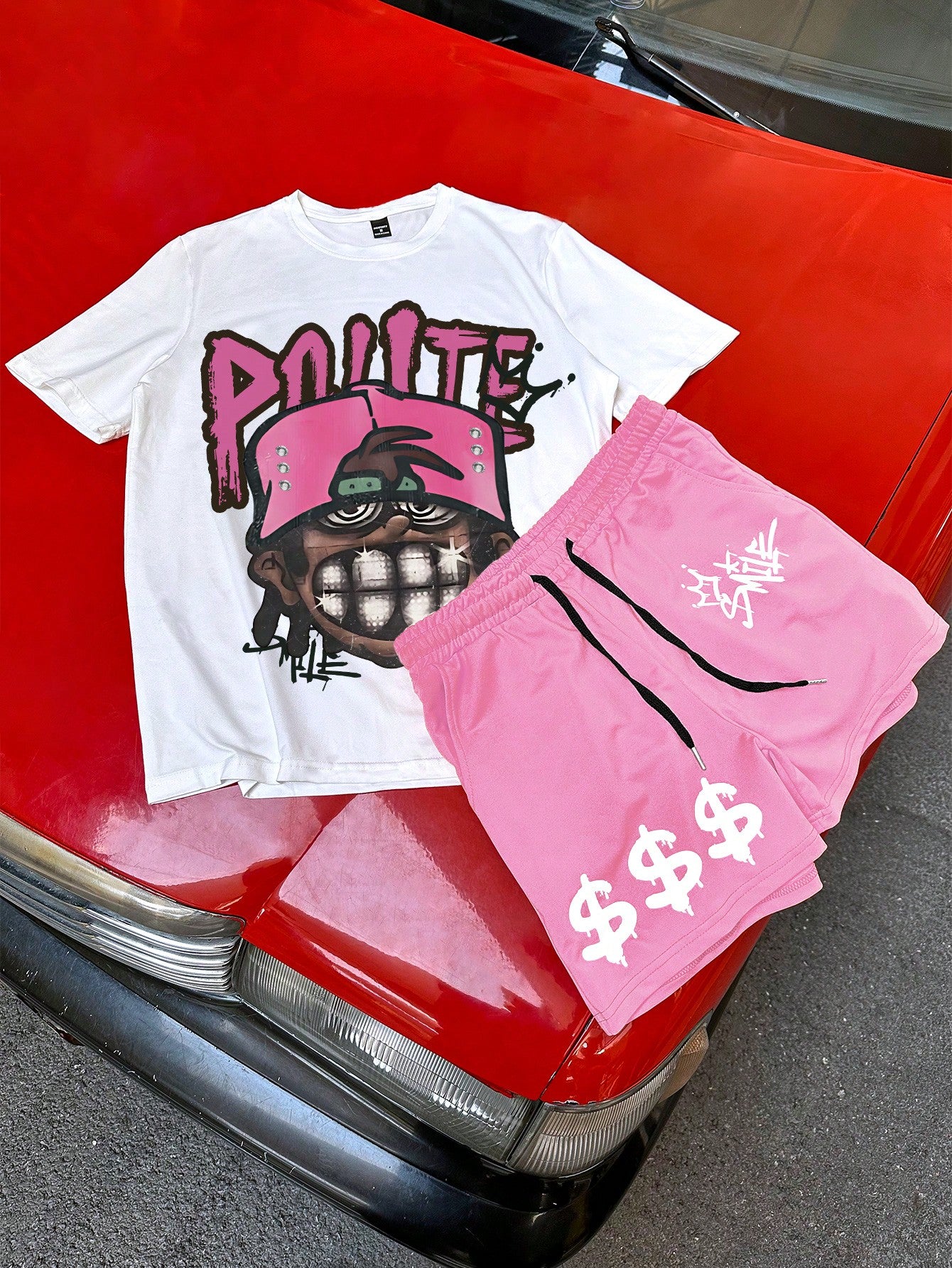 Manfinity EMRG Men Hip-Hop Character Portrait Print Drawstring Waist T-Shirt and Shorts Set, Men Pink Short Set, Men'S Two Pieces Hip Hop Shorts Set, Men 2 Pieces Outfits Pink