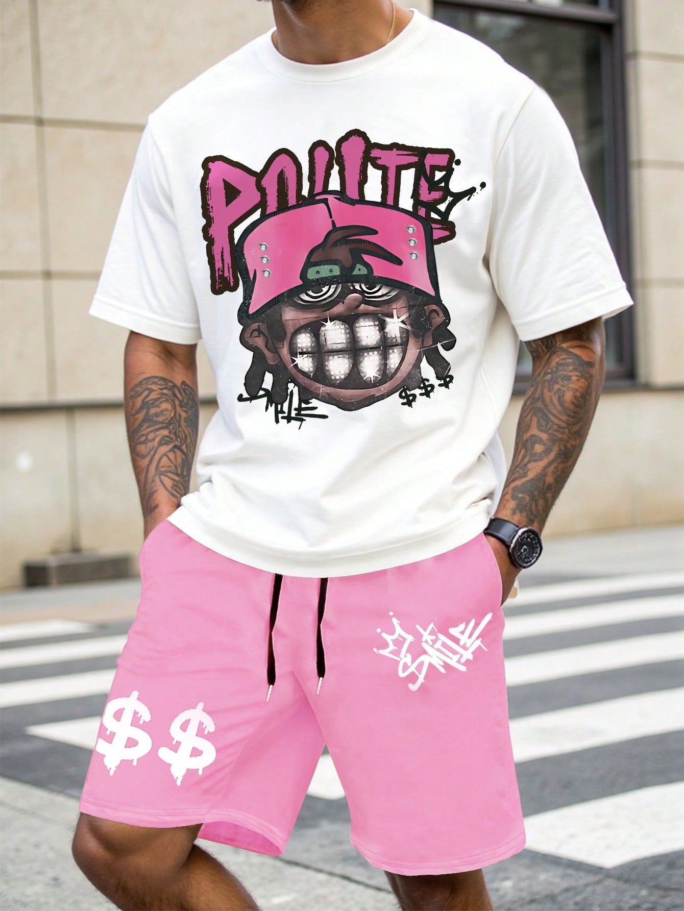 Manfinity EMRG Men Hip-Hop Character Portrait Print Drawstring Waist T-Shirt and Shorts Set, Men Pink Short Set, Men'S Two Pieces Hip Hop Shorts Set, Men 2 Pieces Outfits Pink
